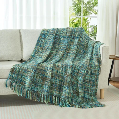 Miniatura 7 de Manta Throw de Punto de Cable Verde Multicolor para Sofá, 50"X60" Manta Texturizada Estilo Bohemio para Decoración del Hogar, Manta de Punto Grueso