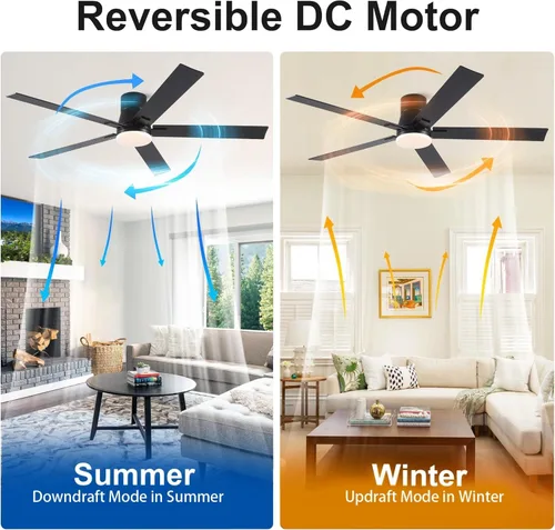 Miniatura 5 de Ventiladores de techo de 60 pulgadas con luces y control remoto, ventilador de techo negro de montaje empotrado con 5 cuchillas, motor CC reversible