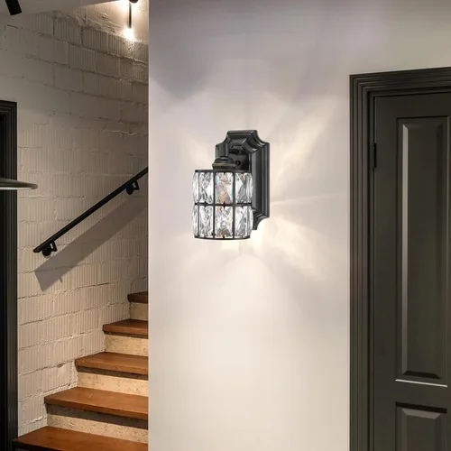 Miniatura 6 de Paquete de 2 lámparas de pared de cristal con acabado negro, lámpara de pared de estilo moderno y conciso, pantalla de cristal poliédrico para baño
