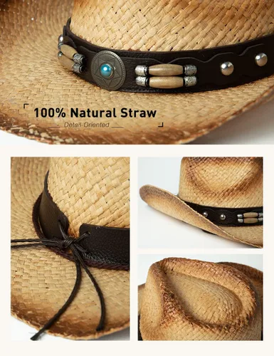 Miniatura 17 de Comhats Sombrero de paja de vaquero redondo de estilo occidental para mujer, cordón de barbilla Fedora de cuero vegano, ala moldeable, vaquera