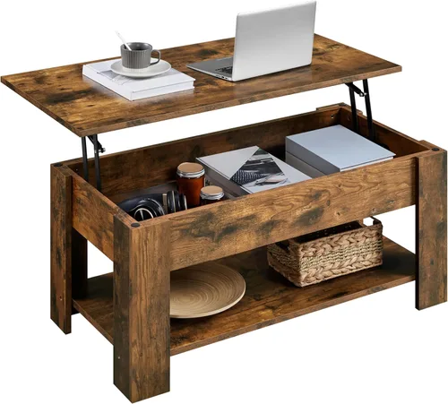 Miniatura 17 de Yaheetech Mesa de café de madera, mesa de centro con estante de almacenamiento oculto grande, mesa de comedor con superficie elevada para sala