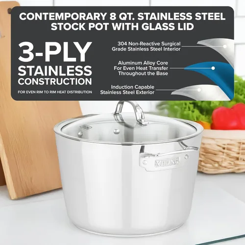 Miniatura 2 de Viking Olla de Cocción Contemporánea de Acero Inoxidable de 3 Capas, Olla para Sopa de 8 Cuartos con Tapa, Utensilios de Cocina