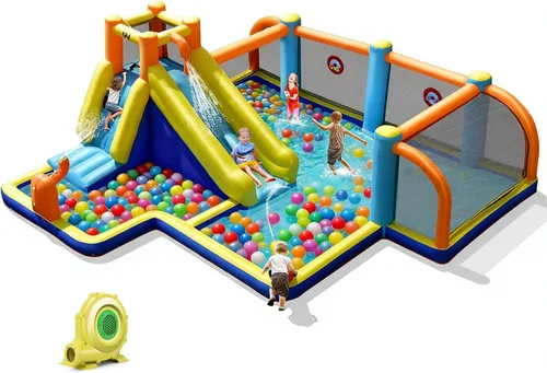 BOUNTECH Tobogán acuático inflable, parque acuático para niños, castillo de salto de fútbol acuático con cañones dobles, piscina de salpicaduras,
