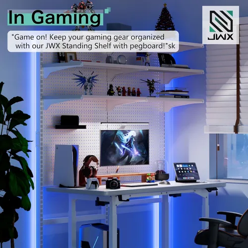 Miniatura 6 de JWX Unidad de Estantería con Tablero Perforado de Pie, Gabinetes Blancos Gaming Hogar Oficina Garaje con Tablero Perforado de Metal y 15 Piezas