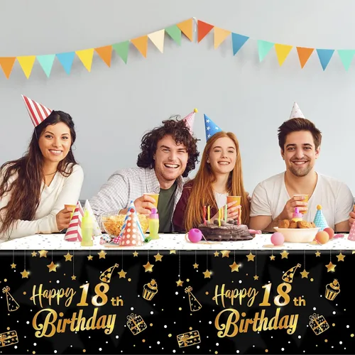 Miniatura 7 de Ruisita Paquete de 2 manteles rectangulares de color negro y dorado para fiestas de cumpleaños de 18 años, manteles de fiesta de cumpleaños