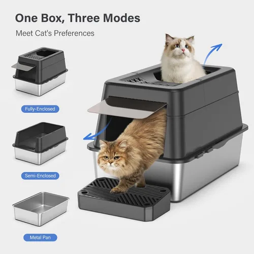 Miniatura 8 de Aphyxen Caja de arena de acero inoxidable con tapa, caja de arena para gatos extra grande cerrada para todos los gatos, diseño modular con tapa