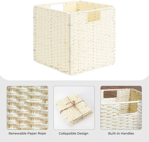 Miniatura 3 de StorageWorks Cestas de mimbre de 11 pulgadas, cubos de almacenamiento tejidos a mano con asas, cesta plegable de cuerda de papel para organizar