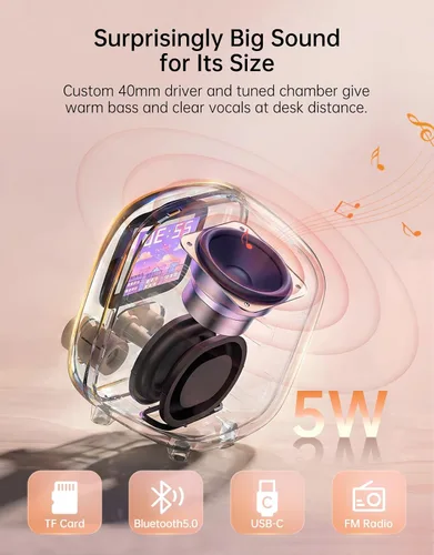 Miniatura 3 de Divoom Tiivoo-2 - Altavoz Bluetooth retro Pixel con reproducción USB-C/TF, pantalla de arte de píxeles personalizados, reloj despertador y modo