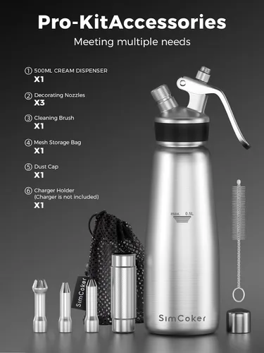 Miniatura 4 de Dispensador profesional de crema batida de acero inoxidable – 1 pinta, incluye 3 boquillas de decoración, cepillo de limpieza y bolsa