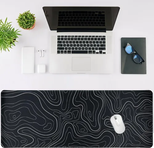 Miniatura 4 de Alfombrilla para mouse para juegos grande 31.5 x 11.8 pulgadas, alfombrilla de teclado topográfica con base antideslizante y bordes cosidos, Negro