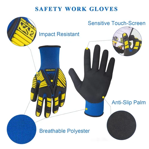 Miniatura 2 de 3 pares de guantes de trabajo, guantes resistentes a los impactos con goma para hombres y mujeres, guantes de nitrilo resistentes a cortes, guantes