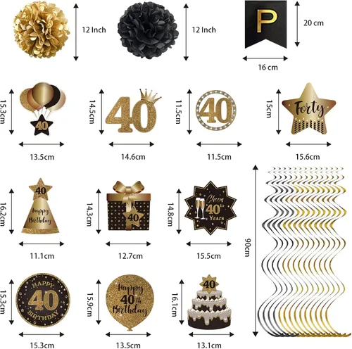 Miniatura 3 de BRT Bearingshui Juego de decoración de serpentinas colgantes de feliz cumpleaños número 40, pancarta de feliz cumpleaños con pompones de tela, negro