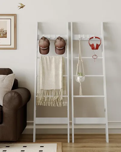 Miniatura 4 de Hzuaneri Escalera para manta para sala de estar, estante decorativo para edredón con 4 ganchos extraíbles, 5 niveles de soporte de escalera de Blanco