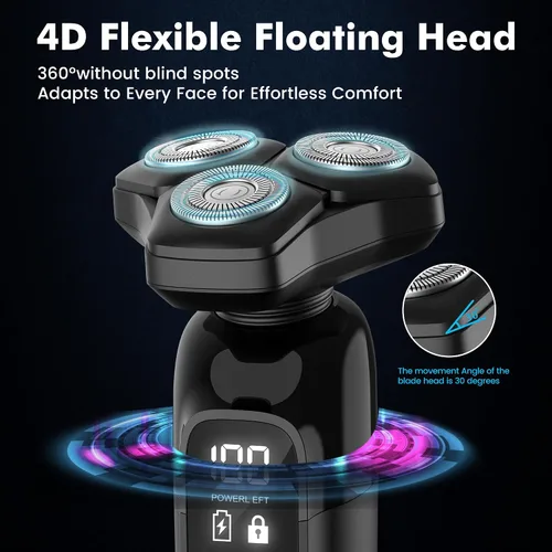 Miniatura 5 de Maquinilla de afeitar eléctrica para hombres Flynth 3 en 1, afeitadora inalámbrica giratoria de 3 cuchillas húmeda/seca para barba, nariz y cara