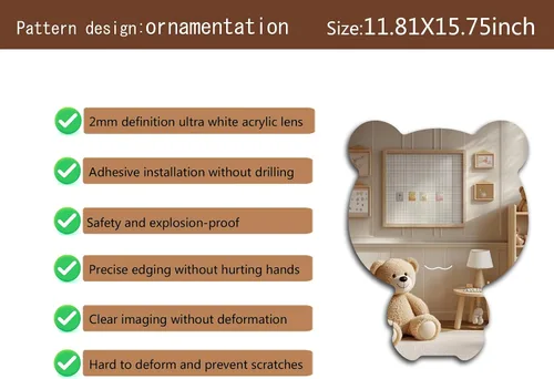 Miniatura 3 de Lindo espejo acrílico con diseño de oso antiarañazos, irrompible, inastillable, HD templado, espejos decorativos de pared para el hogar, oficina