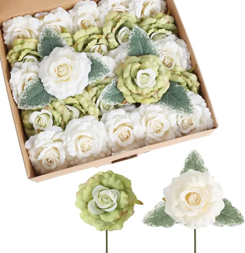 Cabezas de rosas falsas blancas a granel, 25 piezas de rosas artificiales realistas de seda verde con tallo para centros de mesa de boda, decoración