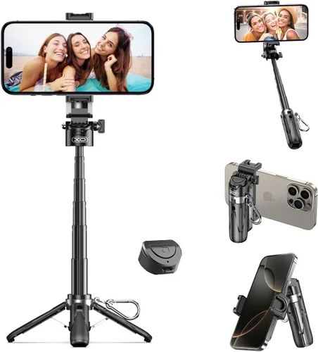 Mini trípode retráctil para teléfono celular, trípode portátil para selfie stick de viaje con soporte para teléfono celular de control remoto,