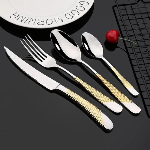 Miniatura 2 de JASHII Juego de cubiertos de 24 piezas, acero inoxidable 304 dorado, servicio de vajilla para 6, moderno juego de cubiertos de titanio, pulido