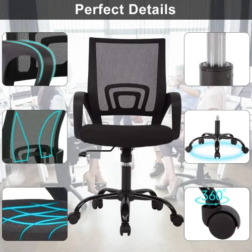 Miniatura 5 de Silla de escritorio para computadora, ergonómica, respaldo medio, silla de malla con soporte lumbar y reposabrazos, moderna, altura ajustable, Negro
