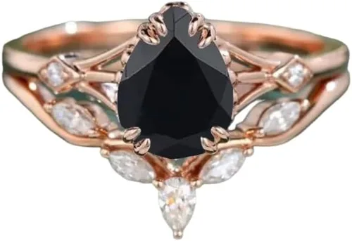 Ssjewel 2 Ct Pear Cut Diamond Black Onyx Unique Nature Inspire Floral Bridal Engagement Ring For Women 14K Rose Gold Plated Stacking Band Sterling