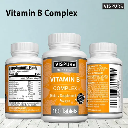 Miniatura 7 de Complejo de vitamina B, 180 tabletas veganas, todas las vitaminas B, incluyendo B12, B1, B2, B3, B5, B6, B7, B9, ácido fólico, para el estrés