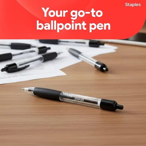 Miniatura 8 de STAPLES Bolígrafos retráctiles de punta media de 1.0 mm, tinta negra, paquete de 12 – Bolígrafos cómodos y de escritura suave para uso diario