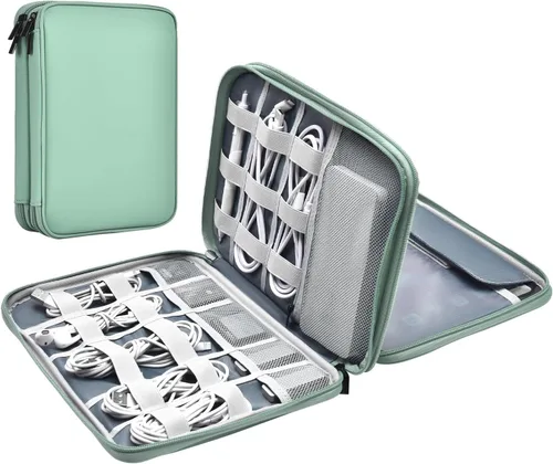 Organizador de cables de cuero para viaje, impermeable, organizador de cables de viaje, portátil, organizador técnico, estuche de viaje para Verde