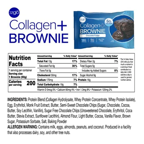 Miniatura 2 de 321glo Brownie de proteína de colágeno, sin gluten, bajo en azúcar, aperitivo keto para mujeres, hombres y niños, 0.66 onzas de proteína, 0.26 onzas