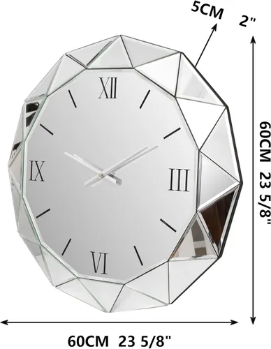 Miniatura 4 de SHYFOY Reloj de pared decorativo, reloj grande de 24 pulgadas con espejo para pared, reloj moderno de plata con movimiento silencioso, relojes