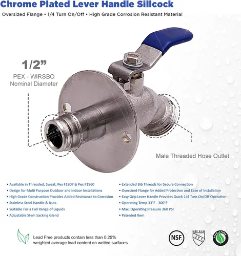 Miniatura 3 de Midline Valve 3387XJS Sillcock Manguera Bibb con brida de gran tamaño; entrada PEX A de 1/2 pulgada x salida MHT de 3/4 pulgadas, latón cromado