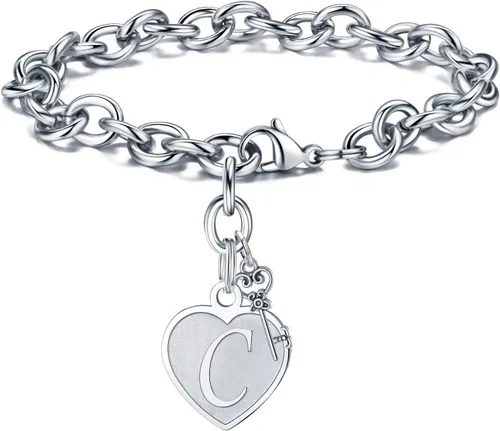 M MOOHAM - Pulsera con iniciales de corazón para regalo de mujer, acero inoxidable, dijes grabados con iniciales de 26 letras, regalo de joyería