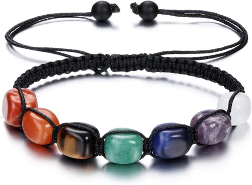 Top Plaza Pulsera de yoga de 7 chakras con piedra curativa de reiki, piedras preciosas naturales, pulseras de cuerda trenzada para mujeres y niñas