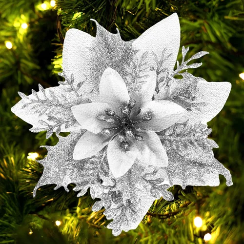 Miniatura 13 de FurRain Flores Artificiales de Navidad de Poinsettia 5.5" Guirnalda de Árbol de Navidad 12 Piezas Flores con Brillantina Adornos para Navidad Nueva