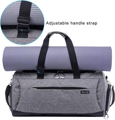 Miniatura 7 de Kuston Bolsa de gimnasio deportiva con compartimento para zapatos y bolsillo húmedo, bolsa de lona para gimnasio para hombres y mujeres, Gris