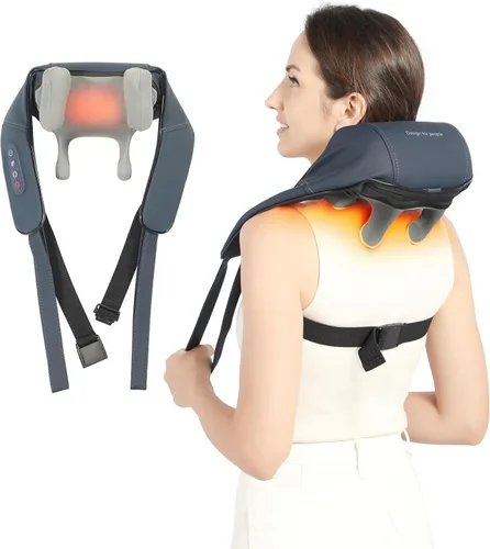 Masajeador de cuello y hombros con calor, masajeador de espalda Shiatsu para aliviar el dolor, masaje eléctrico inalámbrico de tejido profundo 4D