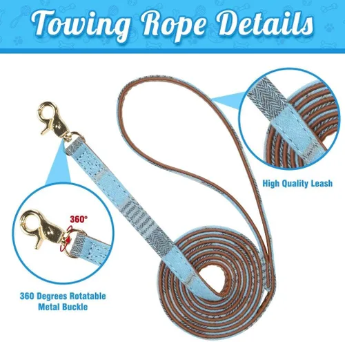 Miniatura 7 de BINGPET Juego de collar y correa para perros pequeños, collar y correa ajustable a cuadros para perros machos y hembras, bonito juego de collar Azul