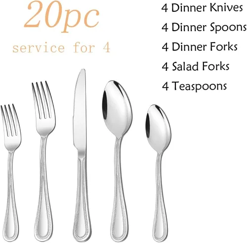 Miniatura 2 de Juego de cubiertos de 20 piezas, HaWare cubiertos de acero inoxidable servicio para 4, vajilla con borde perlado incluye cuchillo/tenedor/cuchara