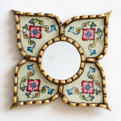 Miniatura 6 de Espejo peruano pequeño, espejo artesanal hecho a mano, decoración de pared de vidrio pintado inverso, espejos con forma de diamante de 8.26 pulgadas