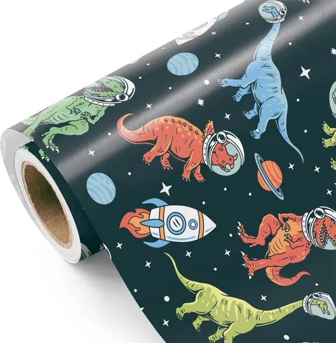 Miniatura 16 de WRAPAHOLIC - Rollo de papel de regalo de dinosaurio - Rollo mini - 17 pulgadas x 33 pies - Papel de regalo de dinosaurio verde, perfecto