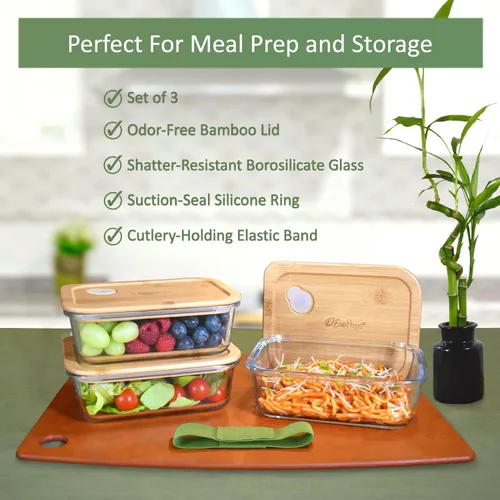 Miniatura 3 de EcoPreps Recipientes de vidrio para preparar comida con tapas de bambú (paquete de 3) - 100% libres de plástico, contenedores de almuerzo