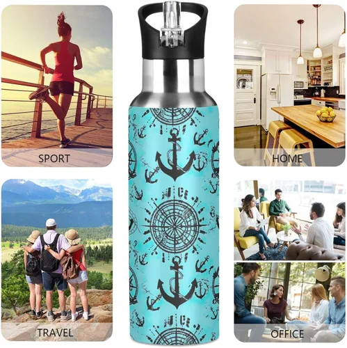 Miniatura 5 de Nautical Anchors Teal Black Stainless Steel Water Bottle 20 Oz Leakproof Water Bottles, BPA-Free Sport Water Bottle Insulated