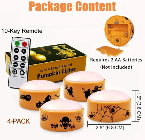 Miniatura 5 de 4 piezas de luces LED para calabaza de Halloween con temporizador y control remoto, luz naranja Jack-O-Linterna operada con pilas para decoración