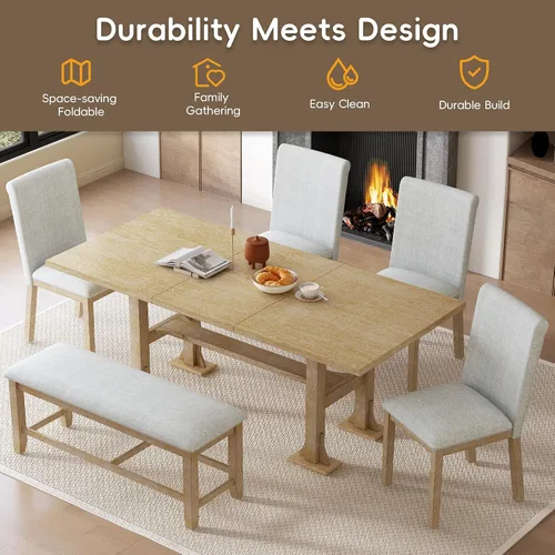 Miniatura 6 de Juego de mesa de comedor extensible de 6 piezas, juego de mesa de comedor para 6 personas con caballete de banco, juego de mesa de cocina con 4