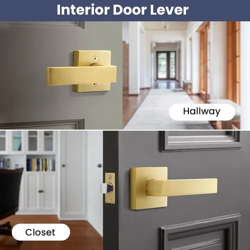 Miniatura 3 de EHOMEWARE 8 paquetes de manijas de puerta interior sin llave en acabado de latón satinado, manija de puerta de armario, palanca de puerta de paso