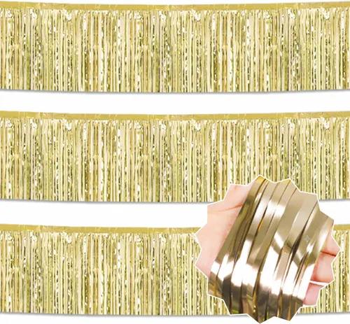 Miniatura 33 de Paquete de 3 guirnaldas de flecos de papel de aluminio negro dorado plateado de 10 pies con serpentinas metálicas de oropel para colgar en la pared