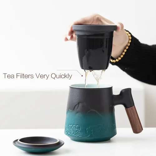 Miniatura 5 de ZENS Taza de Té con Infusor y Tapa para Infusión de Hojas Sueltas, Taza de Cerámica en Relieve de 15.2 oz con Coladores Finos, Difusores Grandes