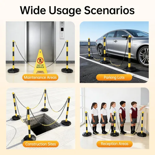 Miniatura 6 de 6 piezas de conos de tráfico con base rellenable de polietileno amarillo, poste de estacionamiento portátil con cadenas de 6.6 pulgadas, conos