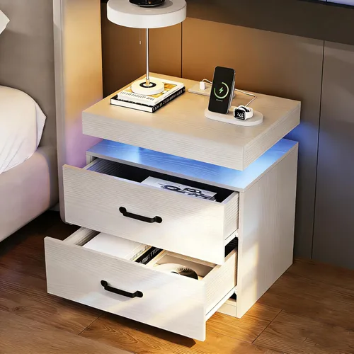 Miniatura 9 de Mesita de noche negra con estación de carga, moderna mesita de noche con luces LED, mesa auxiliar con 2 cajones para dormitorio, sala de estar