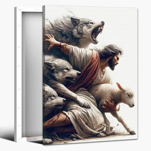 Miniatura 25 de Arte de pared en lona de Jesús y Cordero, Imagen de Jesús Corriendo tras la Oveja Perdida, Arte de pared religioso de Jesús Dejando las 99, Pinturas