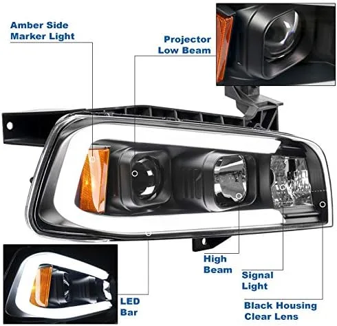 Miniatura 2 de Faros delanteros con proyector de tubo LED, color negro, compatible con Dodge Charger 2006-2010
